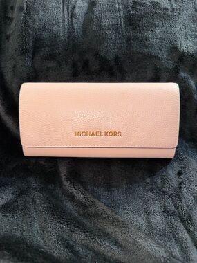 Michael Kors Blush Pink Pebbled Leather Fold-Over Clutch with Gold Logo